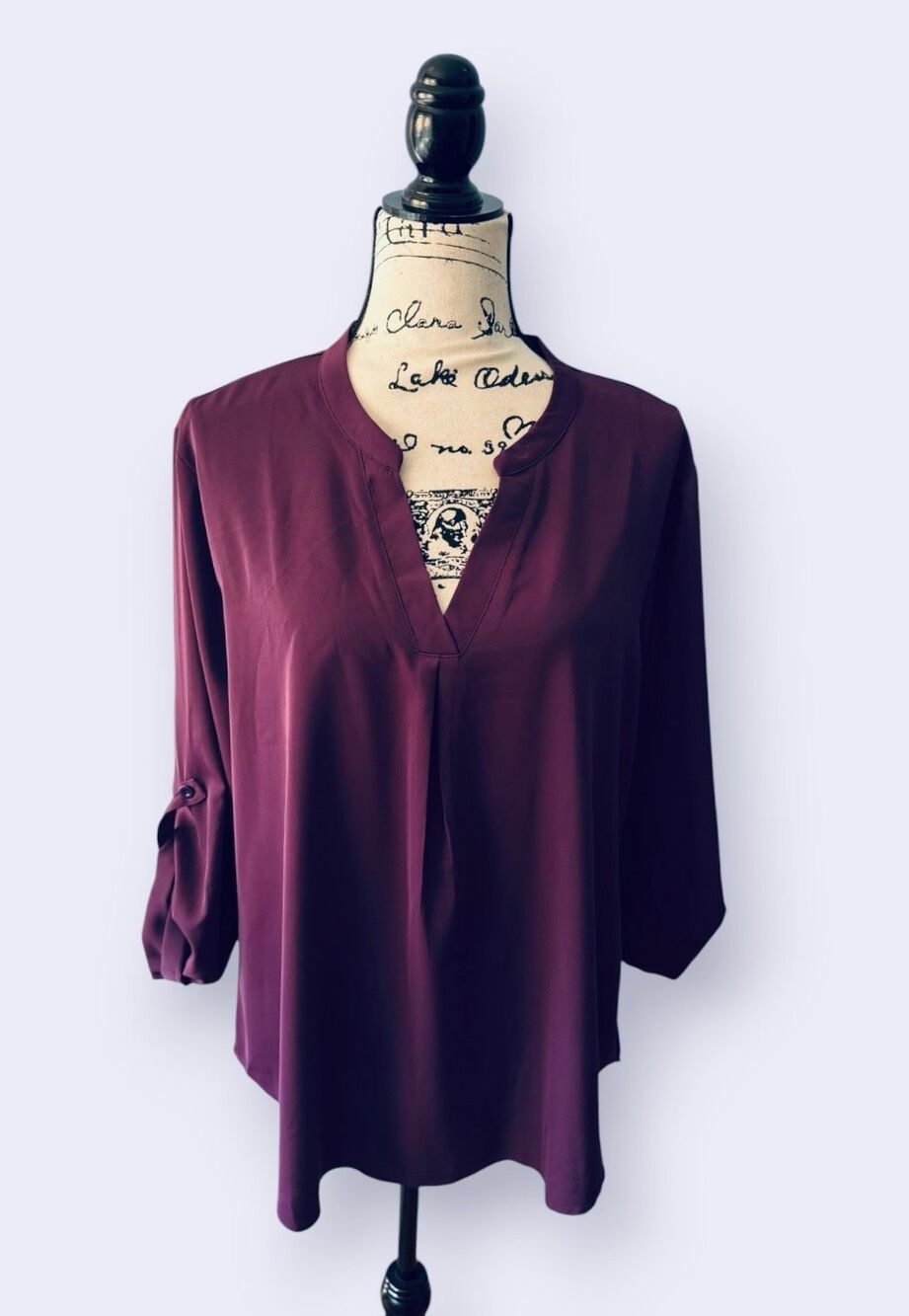 Gaharu Women XL Purple Plum V-Neck Roll Tab Sleeve Tunic Blouse Top